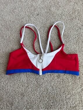 Red and White Colorblock Bikini Top with Blue Trim
